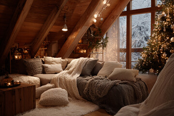 Fototapeta premium Cozy Scandinavian living room decorated for Christmas, warm lights, wooden textures, soft blankets, Christmas tree with ornaments but no visible text, serene holiday mood