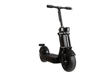 A sleek, modern black electric scooter stands angled, showcasing its minimalist design, front wheel, and bright dual headlights against a dark backdrop