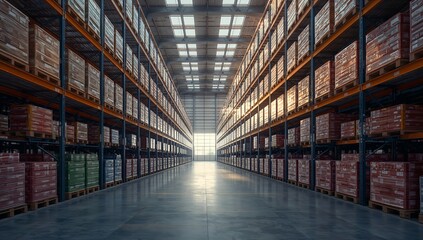 Fototapeta premium rows of neatly stacked goods in a modern warehouse, highlighting storage, logistics, and supply chain efficiency. the scene is filled with a sense of order and readiness