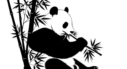 Panda Bear Eating Bamboo Silhouette Illustration.