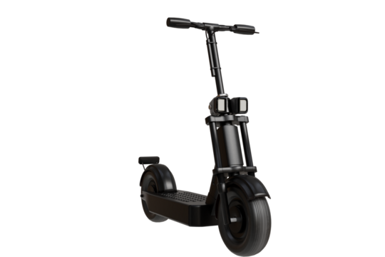 A sleek, modern black electric scooter stands angled, showcasing its minimalist design, front wheel, and bright dual headlights against a dark backdrop