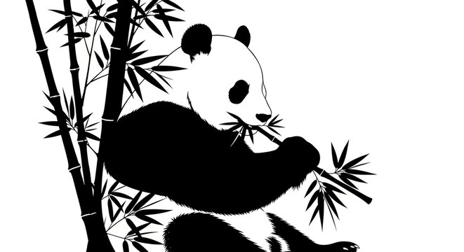 Panda Bear Eating Bamboo Silhouette Illustration.