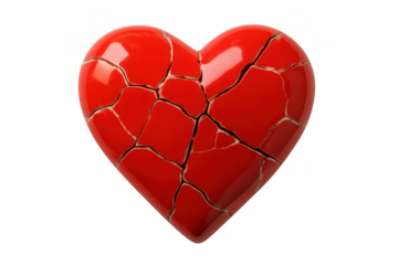 Shattered red heart symbolizing heartbreak, loss, and emotional pain, with a broken surface on transparent background