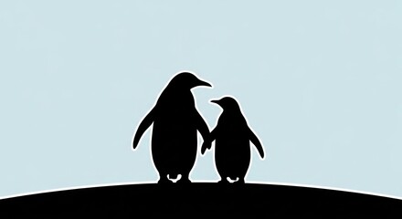 Penguin Silhouette Holding Hands on a Hilltop.