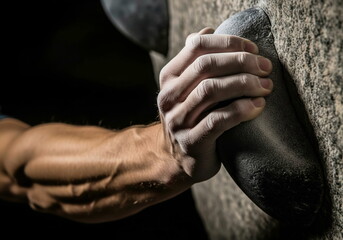 Close-up of a rock climber's muscular arm and chalked hand gripping a hold, showcasing strength, power, and determination on a dark background.