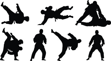 Martial arts silhouettes vector, karate and judo fighters, combat poses illustration, training action figures, self-defense sports graphic designMartial arts silhillustration, training action figures