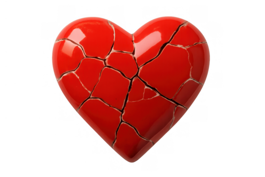 Shattered red heart symbolizing heartbreak, loss, and emotional pain, with a broken surface on transparent background