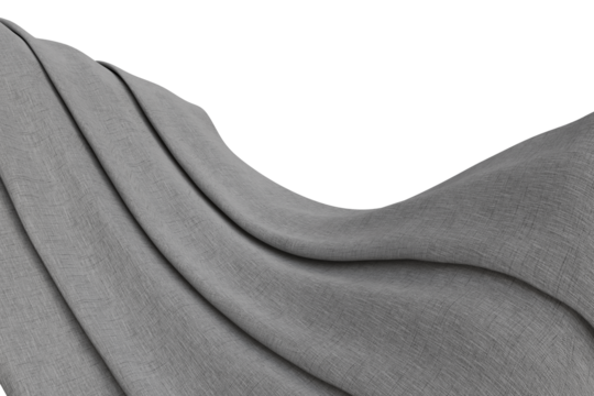 A detailed close-up of light grey textured fabric, possibly linen, gracefully draped with soft folds and dynamic curves transparent  background