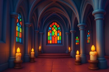 Fototapeta premium Gothic cathedral interior with stained glass windows and glowing candles in stylized fantasy style on a mystical spiritual background. Ai generative
