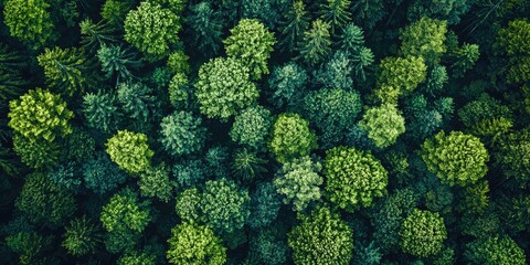 A dense forest canopy with a mix of green and brown trees, viewed from above, with a clear blue sky and a few scattered clouds in the background.