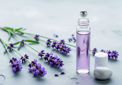 Lavender essential oil in a glass roller bottle with fresh lavender flowers on a grey background. Aromatherapy and wellness concept.