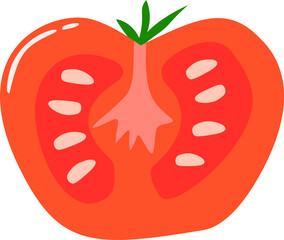 Sliced tomato vector with seeds and vibrant red color, perfect for recipe graphics or healthy food content.