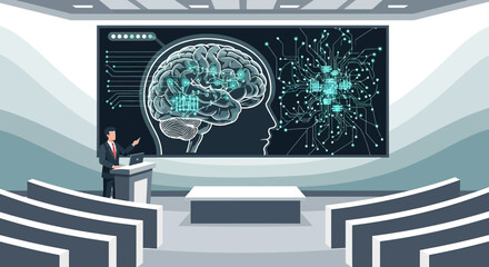 Man presenting advanced ai technology in auditorium with digital brain illustration displayed on