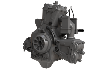 A sophisticated, dark grey internal combustion engine unit, featuring detailed mechanical components and a robust design rendered transparent  background
