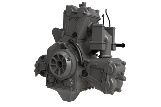 A sophisticated, dark grey internal combustion engine unit, featuring detailed mechanical components and a robust design rendered transparent  background