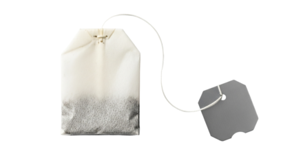 Tea bag with gray label isolated on transparent background ready for hot water