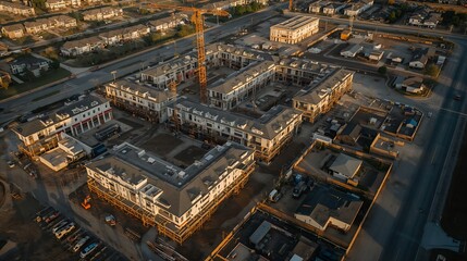 aerial view of an active construction site, with buildings and a crane