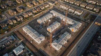 Obraz premium Aerial view of newly constructed residential buildings surrounded by a community, showcasing the neighborhood and urban planning.