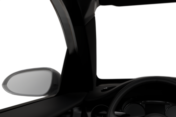 Driver's POV inside a modern vehicle, featuring the left side mirror, A-pillar, dashboard, and steering wheel. Exterior is transparent 