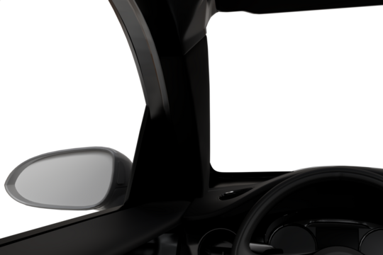 Driver's POV inside a modern vehicle, featuring the left side mirror, A-pillar, dashboard, and steering wheel. Exterior is transparent 