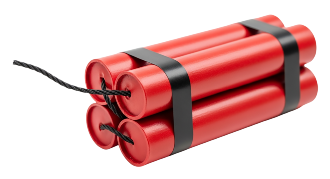 Dynamite sticks tied together with a black fuse isolated on transparent background