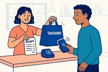 Customer making contactless payment using smartphone for takeaway food at counter while cashier hands receipt and order in modern interior setting. Ai generative