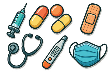 Medical supplies for health and well being during illness recovery. Set of 6 vector illustration