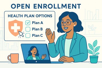Open enrollment health plan options selection concept with businesswoman pointing to Plan A on screen during a virtual meeting on light background. Ai generative