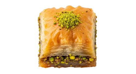 Closeup of a single piece of baklava isolated on transparent background, a sweet pastry