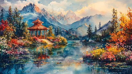 Fototapeta premium Landscape and pastoral watercolor painting