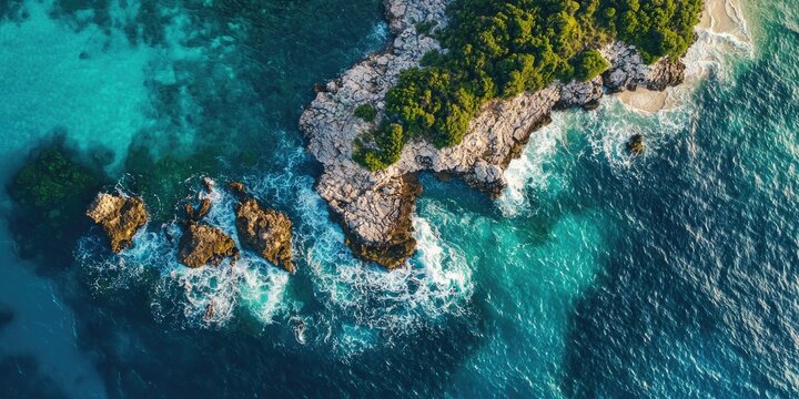 Aerial view of a rocky coastline with turquoise water and green vegetation, featuring a small island with a sandy beach and waves crashing against the rocks.