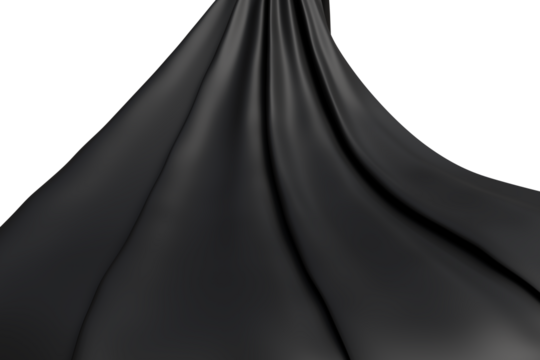 Luxurious black fabric cascades with graceful folds and undulating ripples transparent background, forming a rich, textured, abstract composition