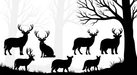 Silhouette Deer Collection in Forest Setting.