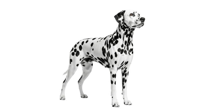 Full length portrait of a dalmatian dog isolated on transparent background, standing tall