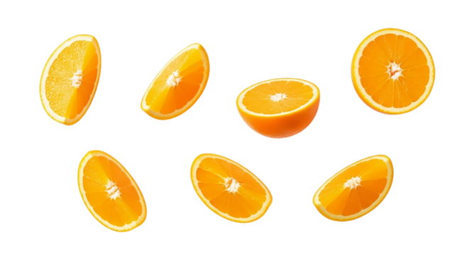 Collection of orange slices isolated on transparent background, arranged in a pattern - Powered by Adobe