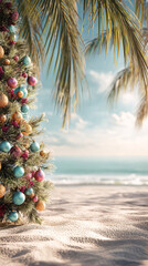 Festive Christmas Tree on Sunny Beach with Ocean View and Palm Trees