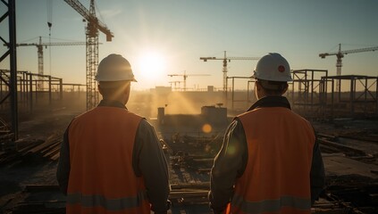 Two construction workers standing on a building site, with the sun setting behind them, creating a warm, illuminated backdrop
