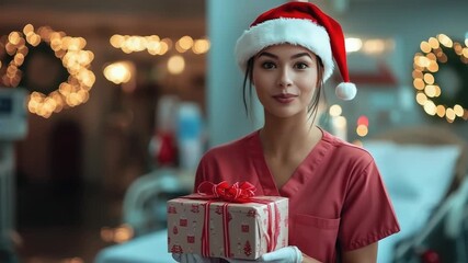 Young female asian nurse celebrating Christmas in a hospital ward, holding a present while smiling and talking to the camera with festive lights and wreaths in the blurred background
