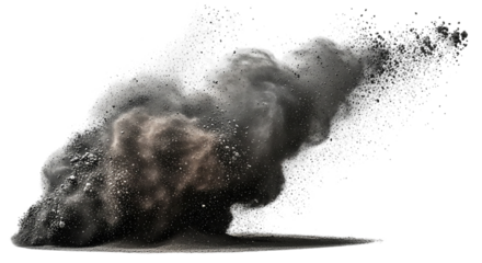 Dramatic explosion of dark dust isolated on transparent background, studio shot