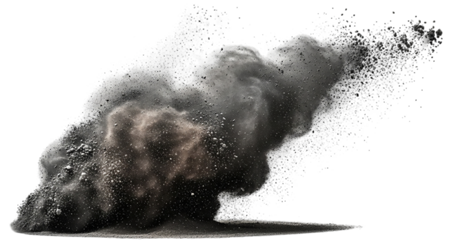 Dramatic explosion of dark dust isolated on transparent background, studio shot