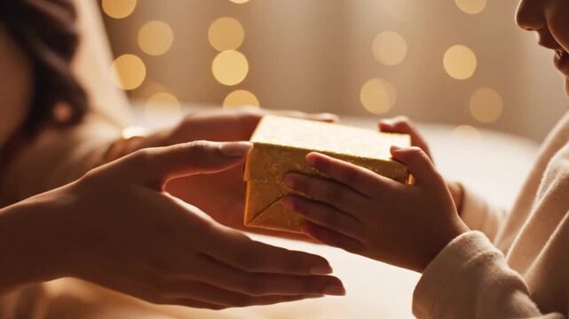 A woman's hands gently give a small golden gift box to a child's eager hands, symbolizing love and generosity during a festive occasion with warm bokeh lights creating a magical atmosphere