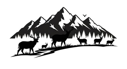 Silhouette of a Deer Herd in a Mountain Forest Landscape.