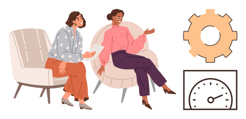 Two professionals in casual conversation, complemented by gear and performance meter icons. Ideal for teamwork, creativity, productivity, goal setting, communication, workflow brainstorming. Simple