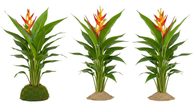 Three vibrant heliconia plants in a row isolated on transparent background