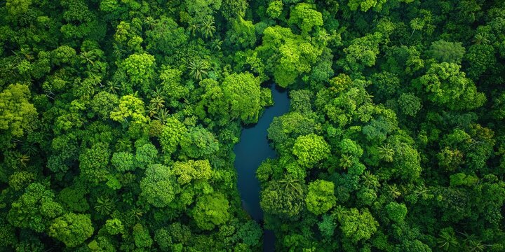 A lush green forest with a winding river running through it, viewed from above, with a clear blue sky above and a dense canopy of trees.