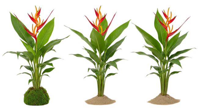 Three vibrant heliconia plants in a row isolated on transparent background - Powered by Adobe