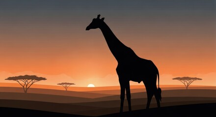 Silhouette of a giraffe at sunset in the African savanna.