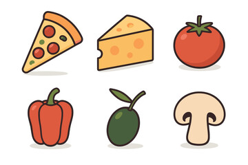 Colorful food items representing healthy eating and delicious meals. Set of 6 vector illustration