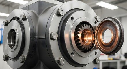 Fototapeta premium Close up of industrial machinery with bolts and gears and an open access panel showing a gear inside