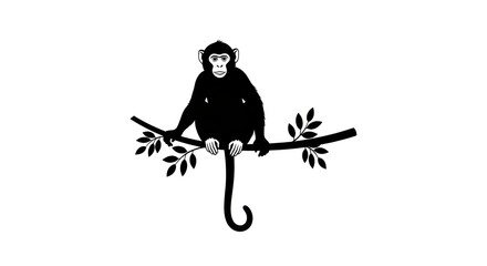 Silhouette of a monkey sitting on a tree branch with leaves.